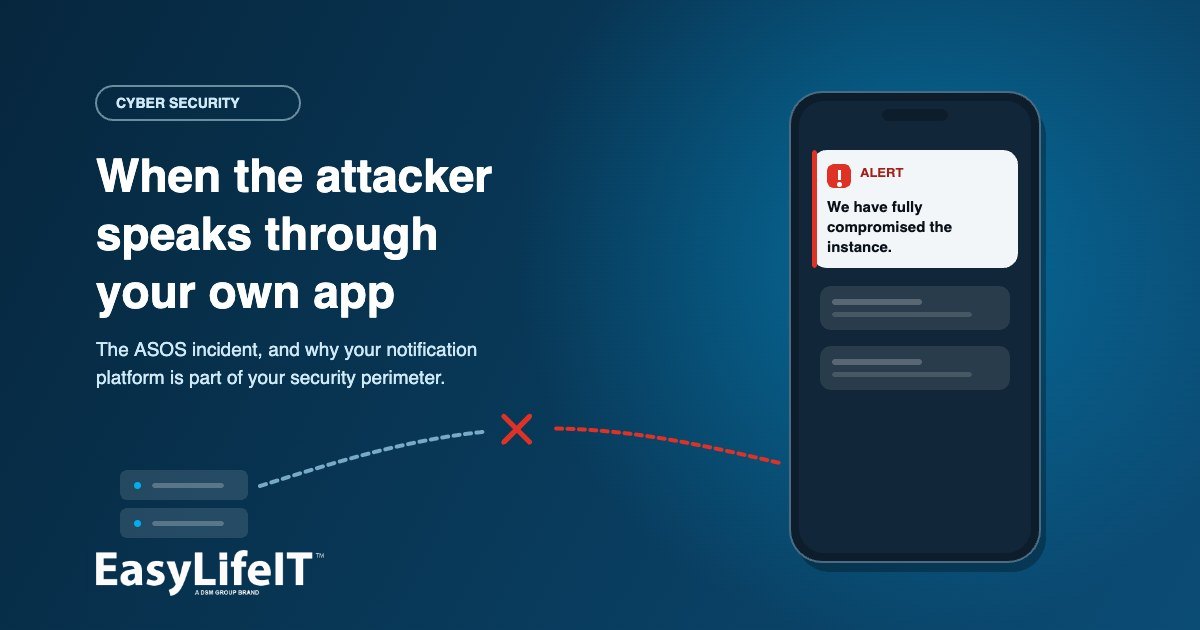ASOS cyber incident illustrated: a phone showing a hostile push notification, with the trusted link from the server to the device broken partway along